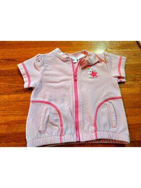 Vtg baby connection pink s/s cotton full zip top with embroidered  baby girl 0-3